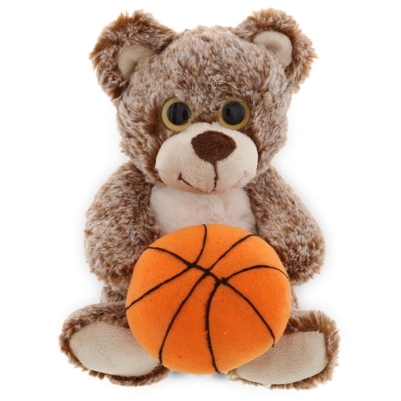 DolliBu Sitting Brown Bear Stuffed Animal with Basketball Plush - Soft Plush Huggable Bear, Adorable Playtime Plush Toy, Cute Wildlife Gift, Basketball Plush Animal Toy for Kids and Adults - 9 Inch