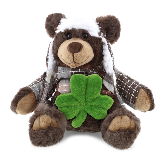 DolliBu Sitting Brown Bear Stuffed Animal with Green Plush Shamrock, Cute Green Shamrock Plush, Fun St Patricks Day Stuffed Animal Brown Bear, Good Luck St Patricks Day Toys for Kids, Baby - 11 Inches