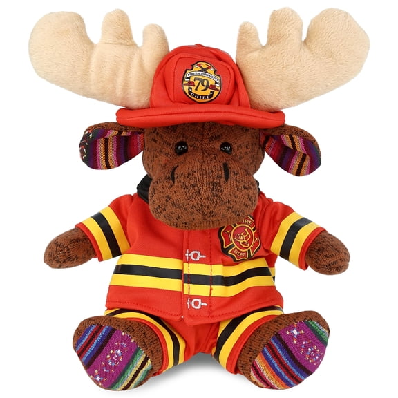 DolliBu Sitting Brown Moose Firefighter Stuffed Animal - Super Soft Moose Fireman Toy with Red Fireman Costume Outfit and Fireman Hat, Wild Life Animal Fire Fighter Doll Plush Toy for Kids - 8 Inch