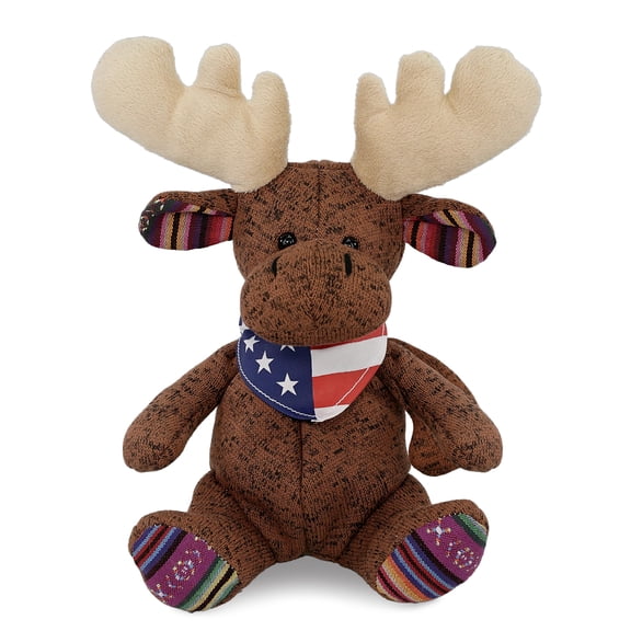 DolliBu Sitting Brown Moose Plush with USA Flag Bandana - Funky Plush United States of America Sitting Brown Moose Patriotic Stuffed Animal - 11 Inches