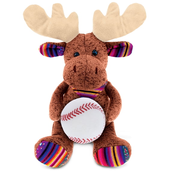 DolliBu Sitting Brown Moose Stuffed Animal with Baseball Plush Soft Moose, Adorable Playtime Moose Plush Toy, Cute Wildlife Gift, Baseball Plush Doll Animal Toy for Kids and Adults 11 Inches