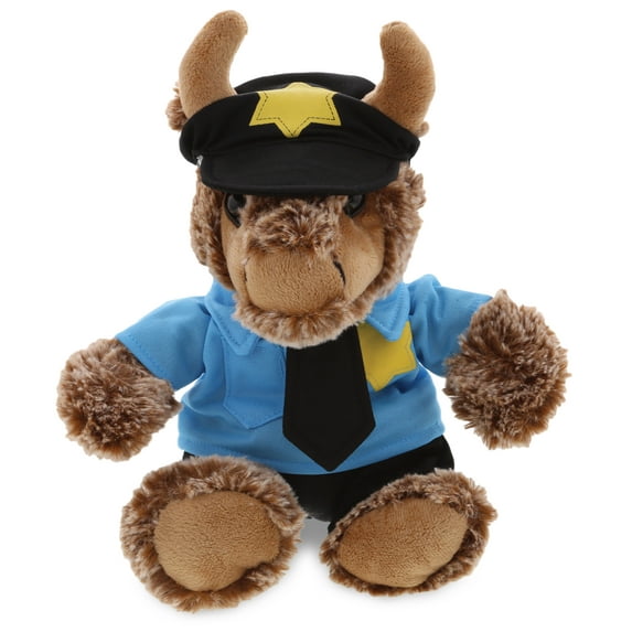 DolliBu Sitting Buffalo Police Officer Plush Toy - Soft Buffalo Cop Stuffed Animal Dress Up with Cute Cop Uniform & Cap Outfit - 8.5" Inches