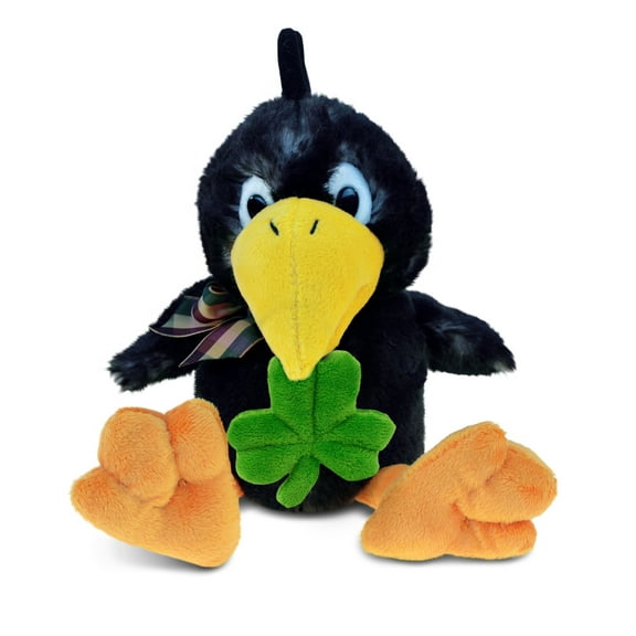 DolliBu Sitting Crow Bird Stuffed Animal with Green Plush Shamrock, Cute Green Shamrock Plush, Fun St Patricks Day Stuffed Animal Crow, Good Luck St Patricks Day Toys for Kids, Baby - 9.5 Inches