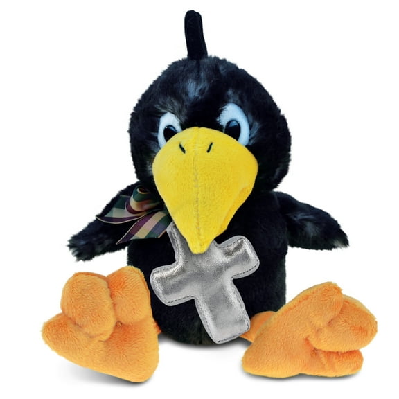 DolliBu Sitting Crow Bird Stuffed Animal with Silver Cross Plush Religious Baby Baptism Gifts for Boys and Girls, Dedication Christening Gifts Plush Prayer Toy Healing Stuffed Animal 9 Inches
