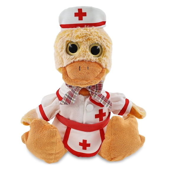 DolliBu Sitting Duck Plush with Nurse Stuffed Animal Dress Up Set - Hospital Costume Duck Stuffed Toy with Nurse Dress, Hat, and Apron, Get Well Plush for Kids and Adults - 9 Inches