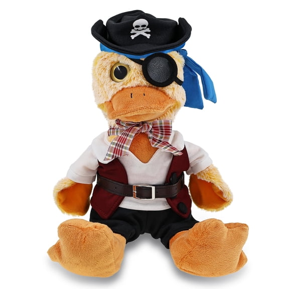 DolliBu Sitting Duck Stuffed Animal With Pirate Dress Up Set - Sea Adventure Plush Toy Stuffed Duck with Cute Pirate Costume - Hat, Shirt, Pants, Eye Patch, Belt - 9 Inches