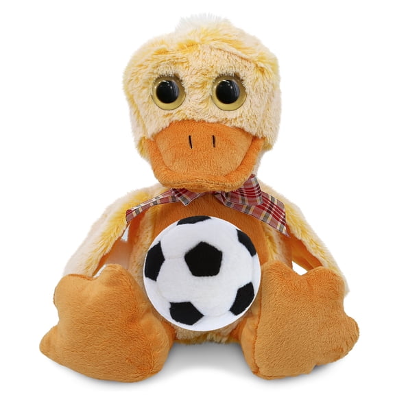 DolliBu Sitting Duck Stuffed Animal with Soccer Ball Plush - Soft Huggable Duck, Adorable Playtime Plush Toy, Cute Wildlife Gift, Super Soft Plush Doll Animal Toy for Kids and Adults - 9 Inches