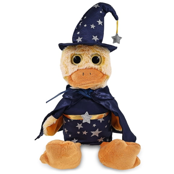 DolliBu Sitting Duck Stuffed Animal with Wizard Costume - Cute Farm Life Plush Toy with Magical Dress Up Set Blue Cape and Wizard Hat with Silver Stars - 9 Inches