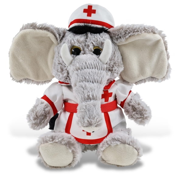DolliBu Sitting Elephant Plush with Nurse Stuffed Animal Dress Up Set - Hospital Costume Elephant Stuffed Toy with Nurse Dress, Hat, and Apron, Get Well Plush for Kids and Adults - 9 Inches