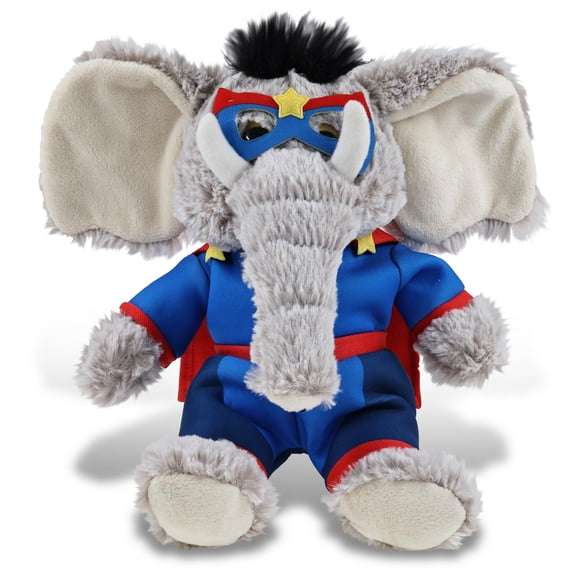 DolliBu Sitting Elephant Plush Stuffed Animal with Superhero Costume - Cute Wildlife Toy with Red Cape Blue Suit, Eye Mask - Super Hero Adventure Plush for Kids - 9 Inches