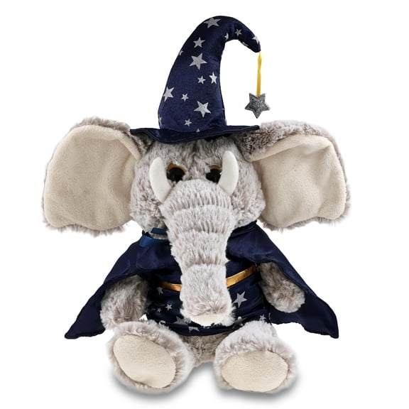 DolliBu Sitting Elephant Stuffed Animal with Wizard Costume - Cute Wildlife Animal Plush Toy with Magical Dress Up Set Blue Cape and Wizard Hat with Silver Stars - 9 Inches