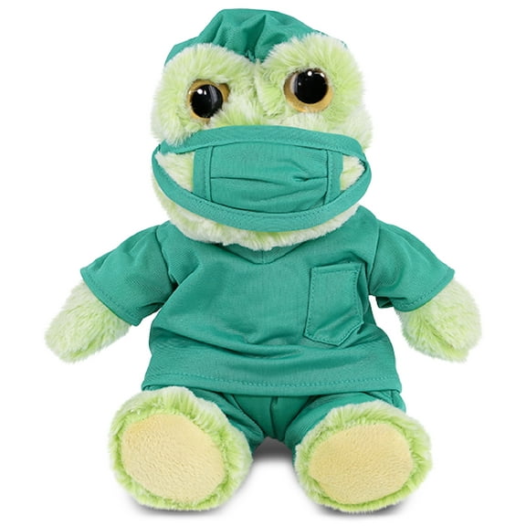 DolliBu Sitting Frog Doctor Plush Toy - Super Soft Frog Doctor Stuffed Animal Dress Up with Cute Scrub Uniform and Cap Outfit - Fluffy Doctor Toy Plush Gift - 9 Inches