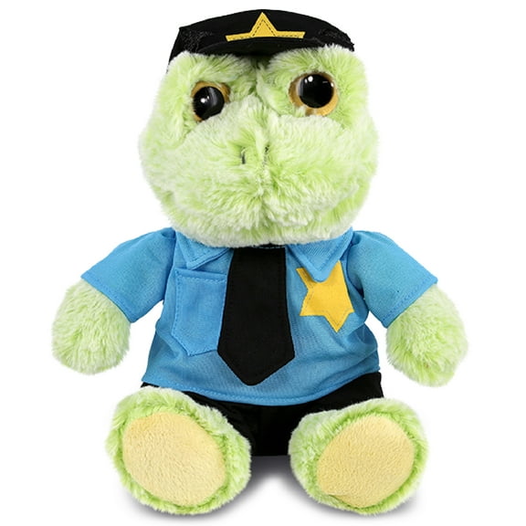 DolliBu Sitting Frog Police Officer Plush Toy - Super Soft Frog Cop Stuffed Animal Dress Up with Cute Cop Uniform and Cap Outfit - Fluffy Policeman Toy Plush Gift - 9 Inches
