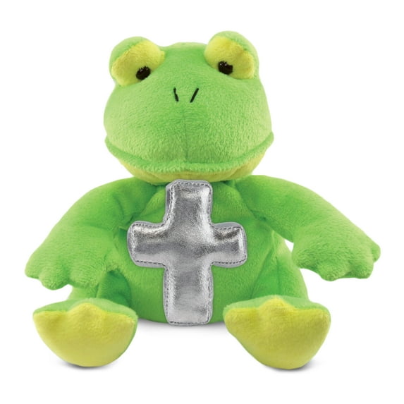 DolliBu Sitting Frog Stuffed Animal with Silver Cross Plush - Religious Baby Baptism Gifts for Boys and Girls, Cute Baby Dedication Christening Gifts Plush Prayer Toy Healing Teddy Bear - 6 Inches