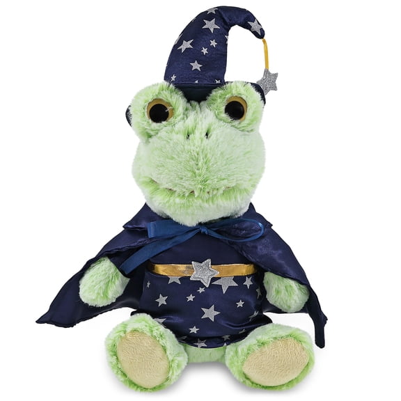 DolliBu Sitting Frog Stuffed Animal with Wizard Costume - Cute Farm Life Plush Toy with Magical Dress Up Set Blue Cape and Wizard Hat with Silver Stars - 9 Inches