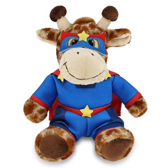 DolliBu Sitting Giraffe Plush Stuffed Animal with Superhero Costume - Cute Safari Toy with Red Cape Blue Suit, Eye Mask - Super Hero Adventure Plush for Kids - 9 Inches