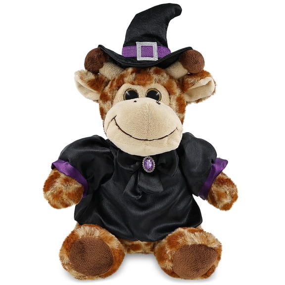 DolliBu Sitting Giraffe Stuffed Animal with Witch Costume - Cute Safari Life Animal with Black Cloak and Witch Hat Outfit - Spooky Halloween Plush Toy for Kids - 9 Inches