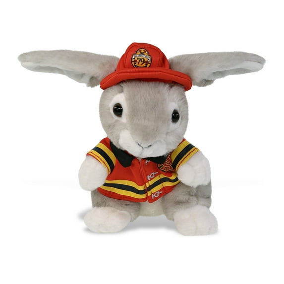 DolliBu Sitting Gray Rabbit Firefighter Stuffed Animal - Rabbit Fireman Toy with Red Fireman Costume Outfit and Fireman Hat, Farm Life Stuffed Animal Fire Fighter Doll Plush Toy for Kids - 6.5 Inch