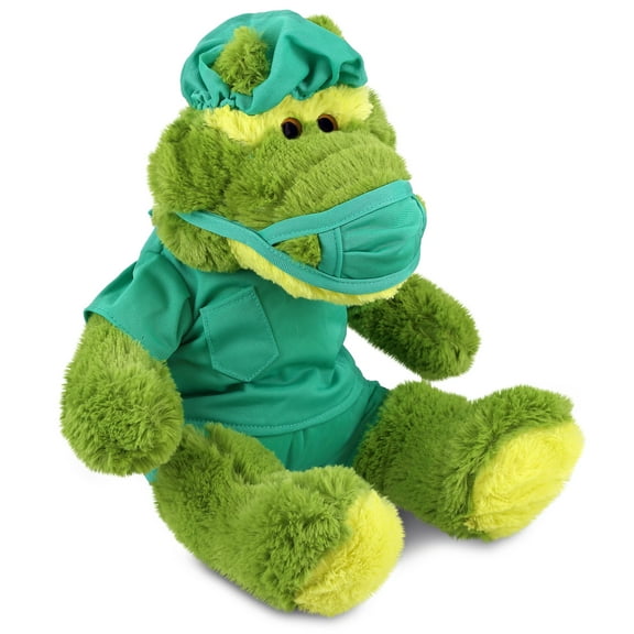 DolliBu Sitting Green Alligator Doctor Plush Toy - Super Soft Alligator Doctor Stuffed Animal Dress Up with Cute Scrub Uniform and Cap Outfit - Doctor Toy Plush Gift - 12 Inches