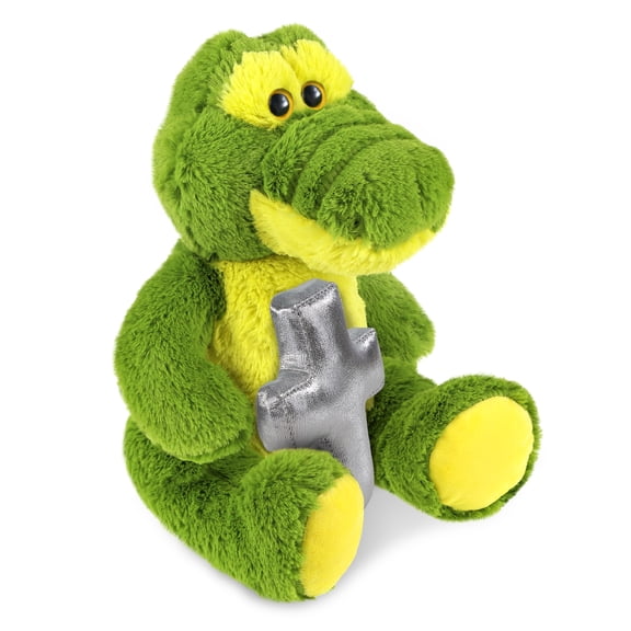 DolliBu Sitting Green Alligator Stuffed Animal with Silver Cross Plush - Religious Baptism Gifts for Boys and Girls, Dedication Christening Gifts Plush Prayer Toy Healing Stuffed Animal - 10 Inch