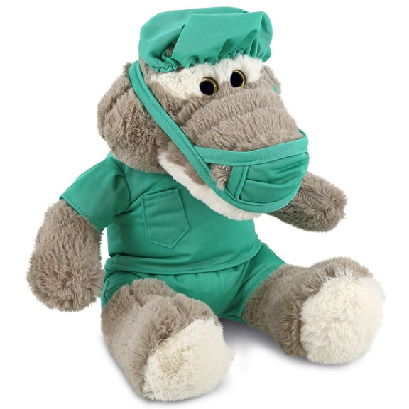 DolliBu Sitting Grey Alligator Doctor Plush Toy - Super Soft Alligator Doctor Stuffed Animal Dress Up with Cute Scrub Uniform and Cap Outfit - Doctor Toy Plush Gift - 9 Inches