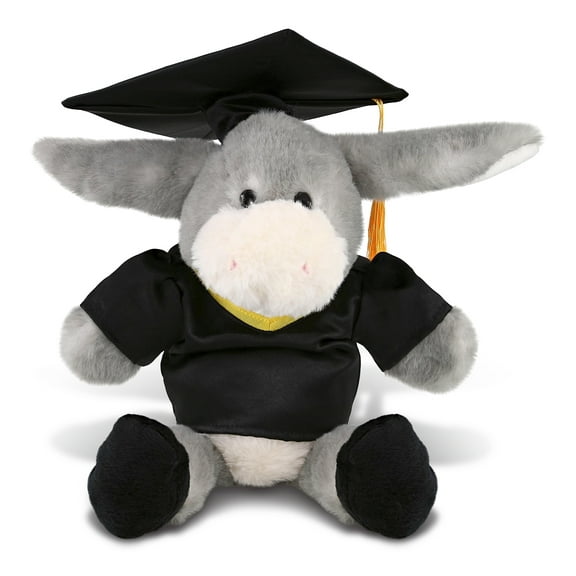 DolliBu Sitting Grey Donkey Graduation Plush Toy - Super Soft Donkey Graduation Stuffed Animal Dress Up with Gown and Cap with Tassel Outfit - Reward Celebration Grad Gift - 9 Inch