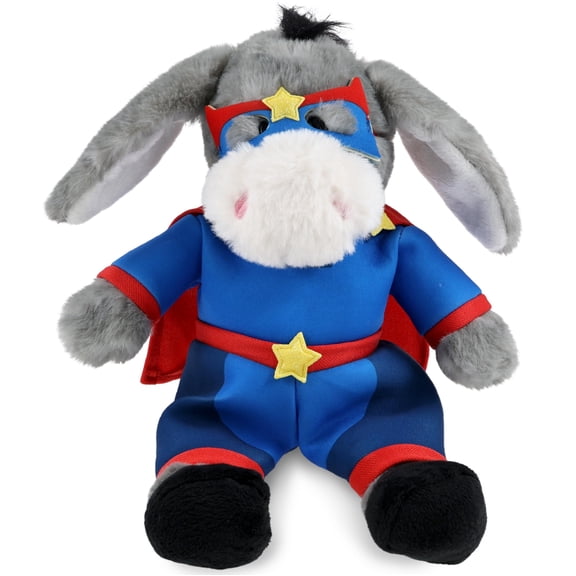 DolliBu Sitting Grey Donkey Plush Stuffed Animal with Superhero Costume - Cute Farm Life Toy with Red Cape Blue Suit, Eye Mask - Super Hero Adventure Plush for Kids - 9 Inches