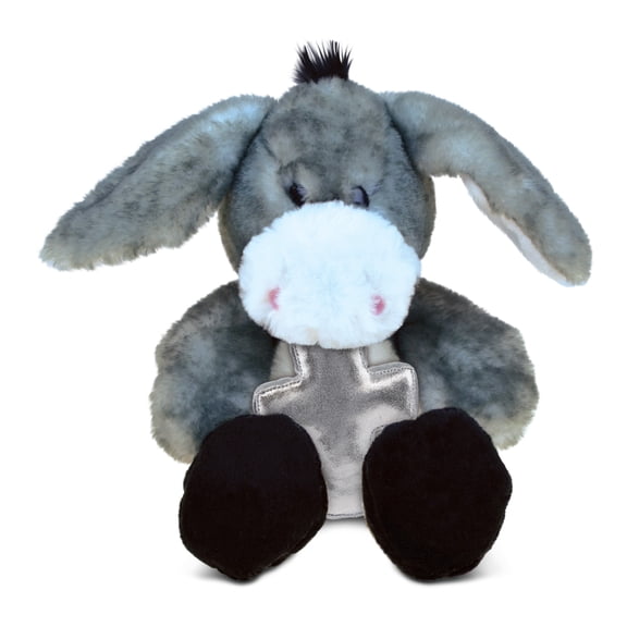 DolliBu Sitting Grey Donkey Stuffed Animal with Silver Cross Plush Religious Baby Baptism Gifts for Boys and Girls, Dedication Christening Gifts Plush Prayer Toy Healing Stuffed Animal - 9 Inches