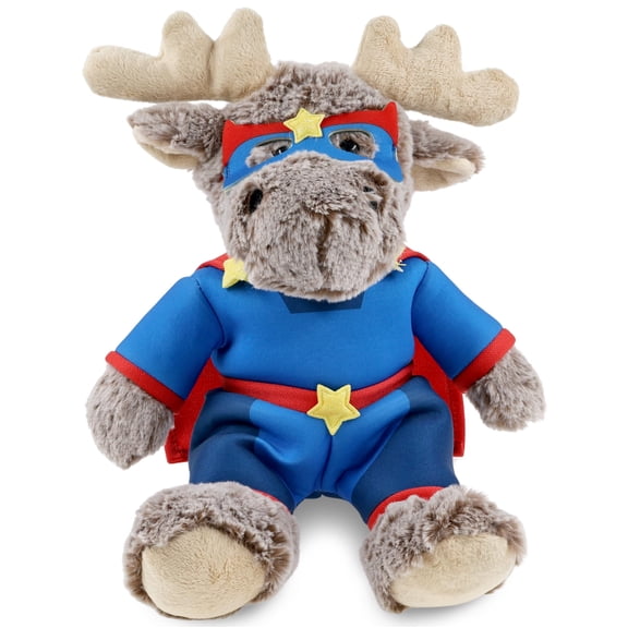 DolliBu Sitting Moose With Brown Hooded Sweater Plush Stuffed Animal with Superhero Costume - Cute Wildlife Toy with Red Cape Blue Suit, Eye Mask - Super Hero Adventure Plush for Kids - 8 Inches
