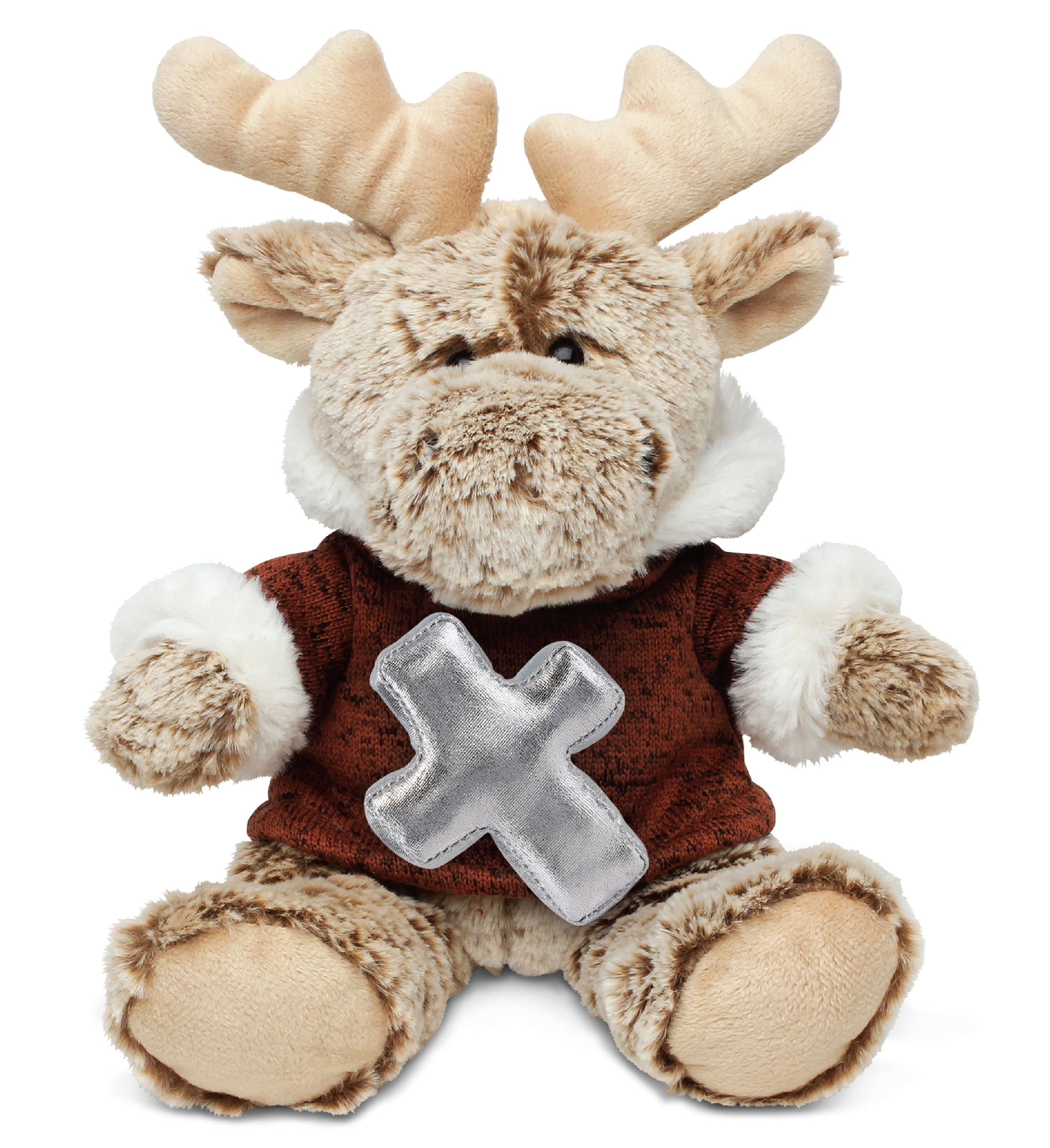 DolliBu Sitting Moose Brown Hooded Sweater Stuffed Animal with Silver Cross Plush - Religious Baby Baptism Gifts for Boys and Girls, Dedication Christening Gifts Plush Prayer Toy,  - 8 Inches