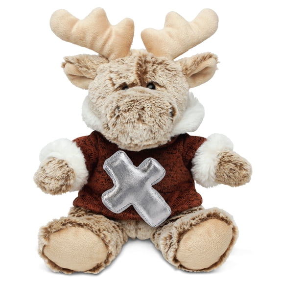 DolliBu Sitting Moose Brown Hooded Sweater Stuffed Animal with Silver Cross Plush - Religious Baby Baptism Gifts for Boys and Girls, Dedication Christening Gifts Plush Prayer Toy,  - 8 Inches