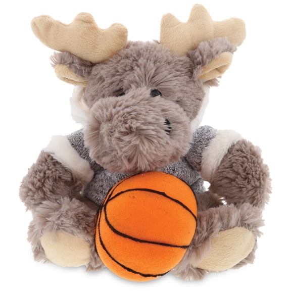 DolliBu Sitting Moose with Grey Hooded Sweater Stuffed Animal and Basketball Plush - Soft Plush Moose, Adorable Playtime Plush Toy, Cute Wildlife Gift, Basketball Plush Toy for Kids, Adults - 8 Inch