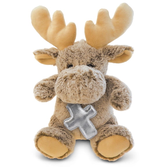 DolliBu Sitting Moose Stuffed Animal with Silver Cross Plush - Religious Baby Baptism Gifts for Boys and Girls, Dedication Christening Gifts Plush Prayer Toy Healing Stuffed Animal - 11 Inches