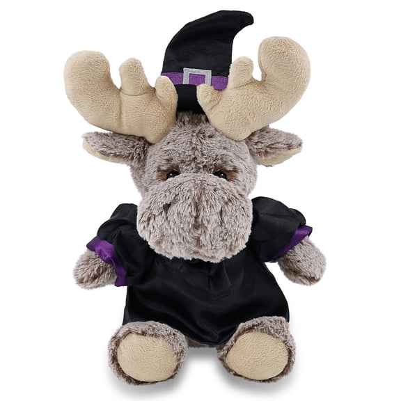 DolliBu Sitting Moose Stuffed Animal with Witch Costume - Cute Wildlife Animal with Black Cloak and Witch Hat Outfit - Spooky Halloween Plush Toy for Kids - 9 Inches