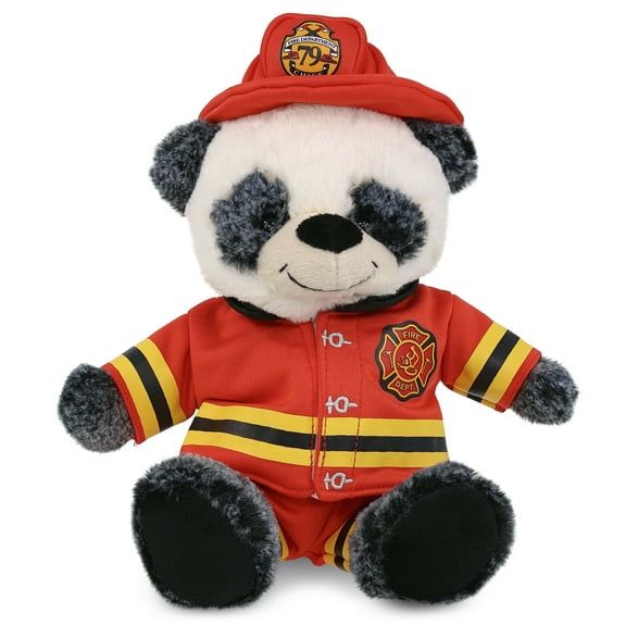 DolliBu Sitting Panda Bear Firefighter Stuffed Animal - Super Soft Panda Fireman Toy with Red Fireman Costume Outfit and Fireman Hat, Cute Wildlife Animal Fire Fighter Doll Plush Toy for Kids - 9 Inch