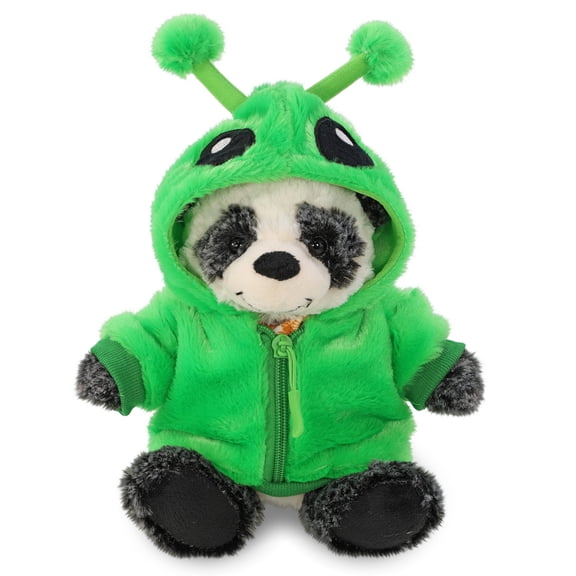 DolliBu Sitting Panda Plush with Green Alien Hoodie Jacket - Space Themed Panda Toy with Hoodie Costume, Stuffed Animal with Alien Jacket - 9 Inches