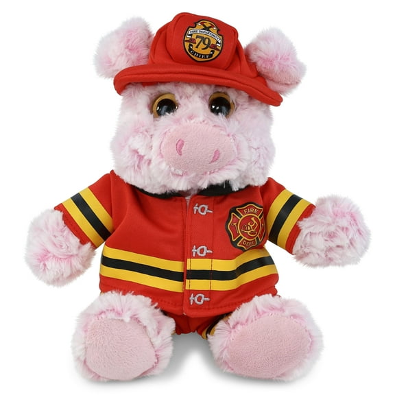 DolliBu Sitting Pig Firefighter Stuffed Animal - Super Soft Pig Fireman Toy with Red Fireman Costume Outfit and Fireman Hat, Cute Farm Life Animal Fire Fighter Doll Plush Toy for Kids - 9 Inch