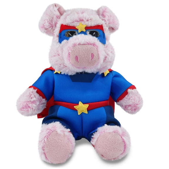 DolliBu Sitting Pig Plush Stuffed Animal with Superhero Costume - Cute Farm Life Toy with Red Cape Blue Suit, Eye Mask - Super Hero Adventure Plush for Kids - 9 Inches