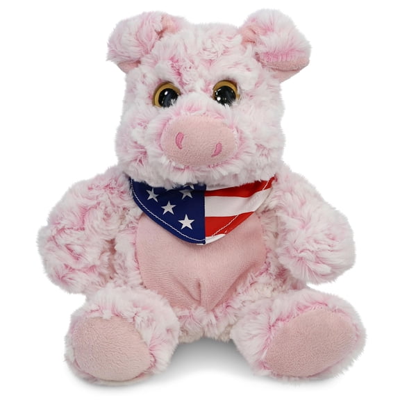 DolliBu Sitting Pig Plush with USA Flag Bandana - Super Soft United States of America Sitting Pig Patriotic Stuffed Animal - 9 Inches
