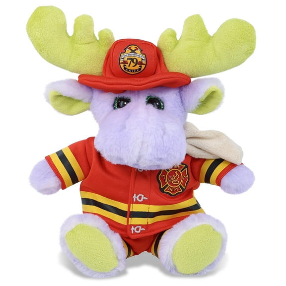 DolliBu Sitting Purple Moose Firefighter Stuffed Animal - Moose Fireman Toy with Red Fireman Costume Outfit and Fireman Hat, Wild Life Stuffed Animal Fire Fighter Doll Plush Toy for Kids - 12 Inch