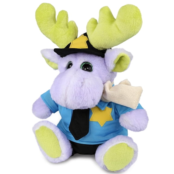 DolliBu Sitting Purple Moose Police Officer Plush Toy - Soft Moose with Scarf Cop Stuffed Animal Dress Up with Cute Cop Uniform and Cap Outfit- 12 Inches