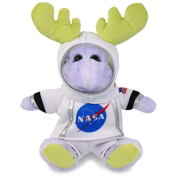 DolliBu Sitting Purple Moose with Scarf Astronaut Plush Toy - Super Soft Wild Life Astronaut Stuffed Animal with Space Helmet and NASA Astronaut Suit, Spaceman Doll Decor for Girls and Boys - 12 Inch