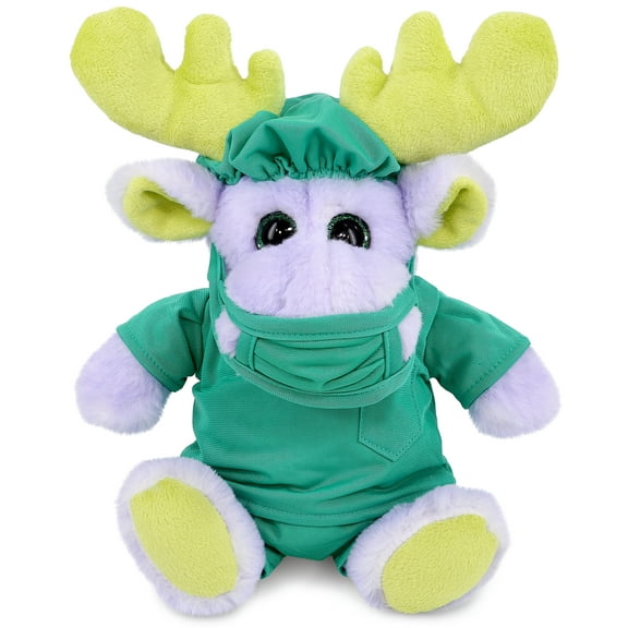 DolliBu Sitting Purple Moose with Scarf Doctor Plush Toy - Super Soft Moose Doctor Stuffed Animal Dress Up with Scrub Uniform and Cap Outfit - Fluffy Doctor Toy Plush - 7.5 Inch
