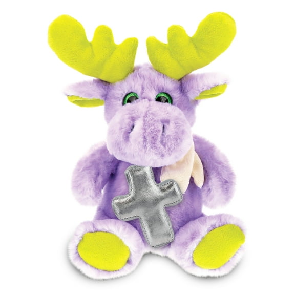 DolliBu Sitting Purple Moose with Scarf Stuffed Animal with Silver Cross Plush - Religious Baptism Gifts for Boys and Girls, Dedication Christening Gifts Plush Prayer Toy Stuffed Animal- 12 Inch