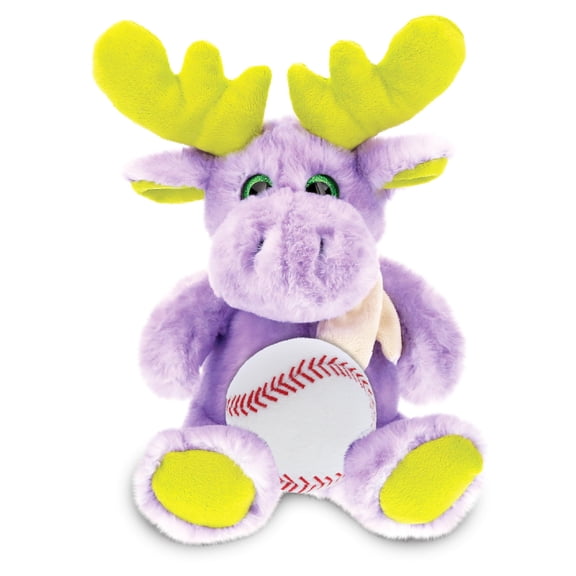DolliBu Sitting Purple Moose Stuffed Animal with Baseball Plush - Soft and Huggable Moose Gift, Cute Wild Animal with Plush Baseball Toy for Kids, Adults - 12 Inches