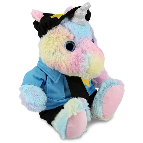 DolliBu Sitting Rainbow Unicorn Police Officer Plush Toy - Super Soft Unicorn Cop Stuffed Animal Dress Up Cop Uniform and Cap Outfit, Fluffy Policeman Toy Plush Gift 10 Inches