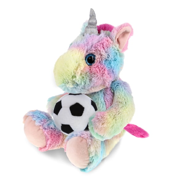 DolliBu Sitting Rainbow Unicorn Stuffed Animal with Soccer Ball Plush - Soft Huggable Unicorn Playtime Plush Toy, Cute Fantasy Gift, Super Soft Plush Doll Animal Toy for Kids and Adults - 10 Inches