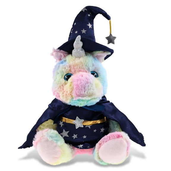 DolliBu Sitting Rainbow Unicorn Stuffed Animal with Wizard Costume - Cute Fantasy Animal Plush Toy with Magical Dress Up Set Blue Cape and Wizard Hat with Silver Stars - 9 Inches