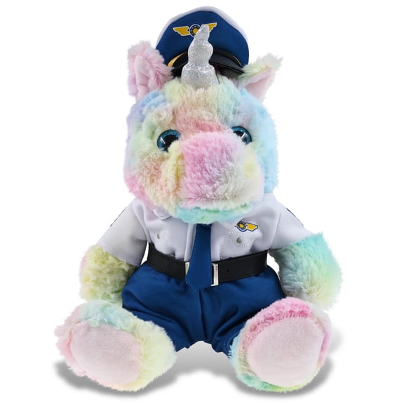 DolliBu Sitting Rainbow Unicorn Stuffed Animal with Pilot Costume - Cute Fantasy Plush Toy with Airplane Aviation Uniform Dress Up Set - 9 Inches