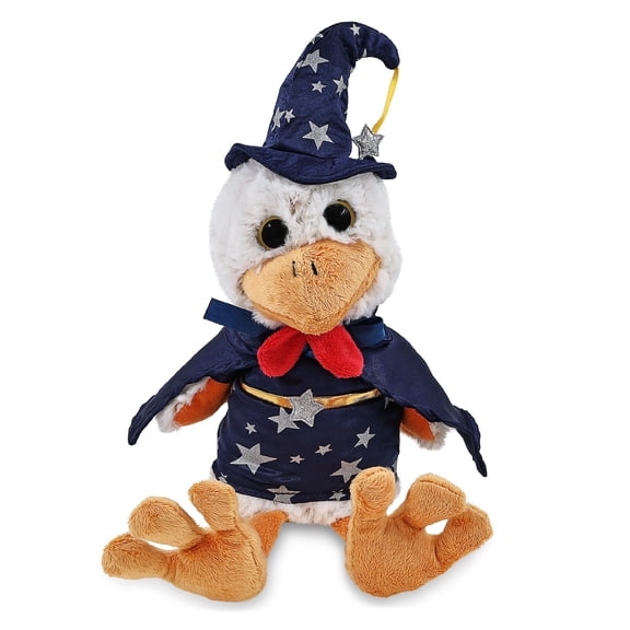 DolliBu Sitting Rooster Stuffed Animal with Wizard Costume - Cute Farm Life Plush Toy with Magical Dress Up Set Blue Cape and Wizard Hat with Silver Stars - 9 Inches